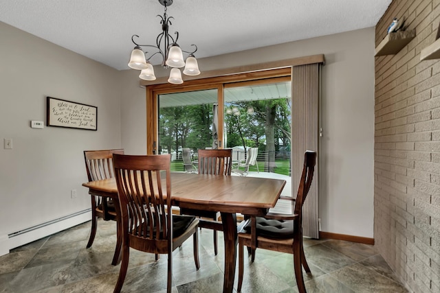 1341 75th Ave NE, Sauk Rapids, MN 56379 - dining space featuring plenty of natural light, stone finish floors, brick wall, a chandelier, and a baseboard radiator
