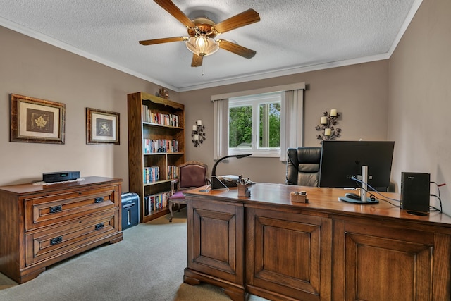 1341 75th Ave NE, Sauk Rapids, MN 56379 - office area featuring a ceiling fan, light carpet, a textured ceiling, and crown molding