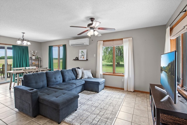 32147 111 1/2 St, Baldwin Twp, MN 55371 - living area featuring a wall mounted AC, healthy amount of natural light, a textured ceiling, light tile patterned flooring, and a chandelier