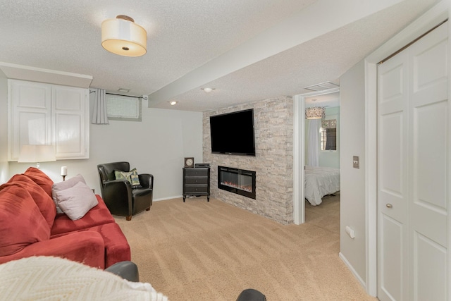 4078 153rd St W, Rosemount, MN 55068 - living room with a textured ceiling, light colored carpet, and a fireplace