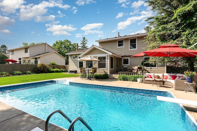 4078 153rd St W, Rosemount, MN 55068 - view of swimming pool with an outdoor living space, a patio area, outdoor dining space, and a diving board