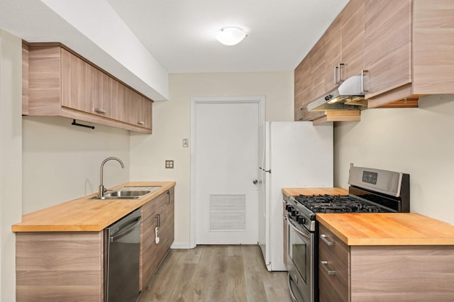 2783 Upland Ct, Plymouth, MN 55447 - kitchen with appliances with stainless steel finishes, light wood-style floors, under cabinet range hood, butcher block countertops, and light brown cabinetry