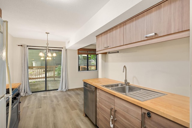 2783 Upland Ct, Plymouth, MN 55447 - kitchen with dishwasher, stove, light wood-style floors, a chandelier, and butcher block counters
