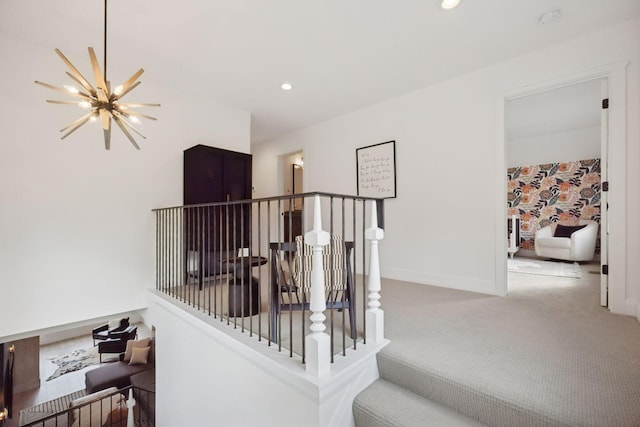 4968 40th St, Saint Louis Park, MN 55416 - staircase featuring carpet floors, recessed lighting, and a chandelier
