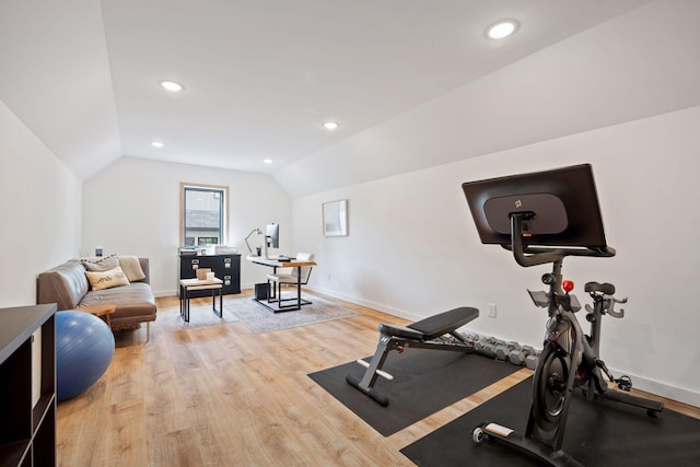 4968 40th St, Saint Louis Park, MN 55416 - exercise area with lofted ceiling, light wood finished floors, and recessed lighting