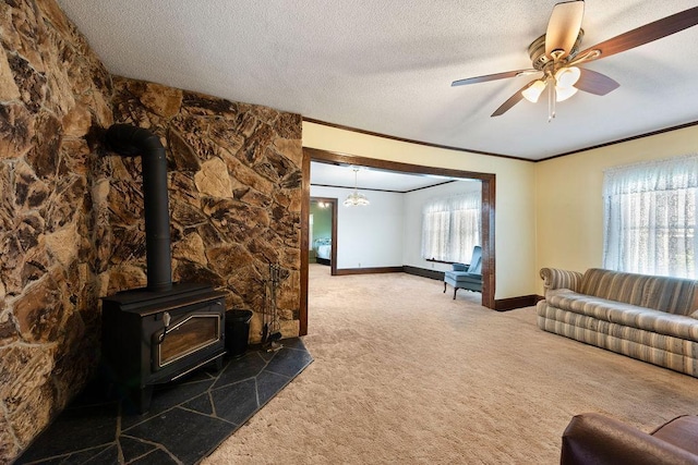 115 Spruce St W, Grey Eagle, MN 56336 - unfurnished living room with carpet flooring, a wood stove, crown molding, baseboards, and a textured ceiling