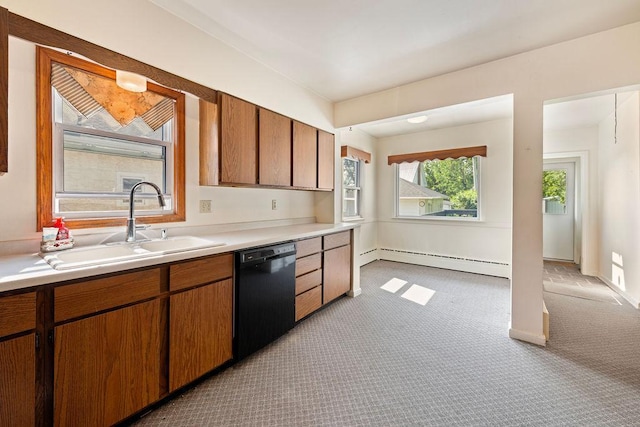 115 Spruce St W, Grey Eagle, MN 56336 - kitchen with dishwasher, baseboard heating, light countertops, and light colored carpet