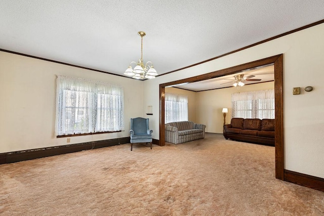115 Spruce St W, Grey Eagle, MN 56336 - living area featuring ornamental molding, carpet floors, a chandelier, and a textured ceiling