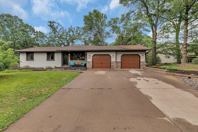 12940 8th Ave N, Zimmerman, MN 55398 - ranch-style home featuring a garage, a front lawn, concrete driveway, and stone siding