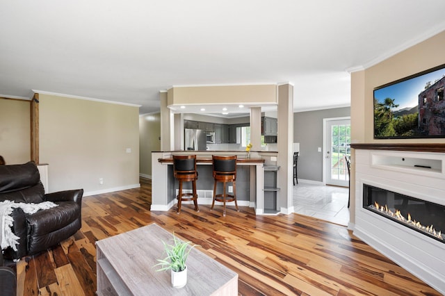 13912 80th St NE, Otsego, MN 55330 - living room with ornamental molding, light wood-style floors, baseboards, and a glass covered fireplace