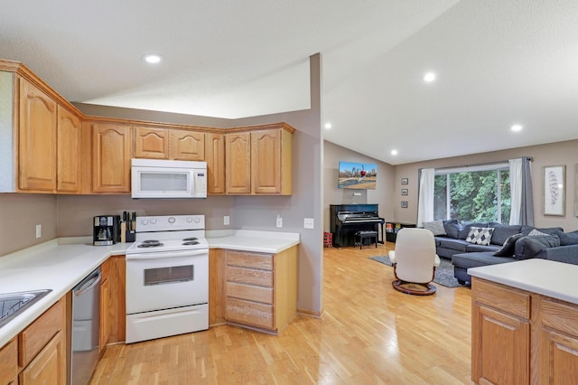 1310 Widgeon Way, Buffalo, MN 55313 - kitchen featuring white appliances, open floor plan, vaulted ceiling, light wood finished floors, and light countertops