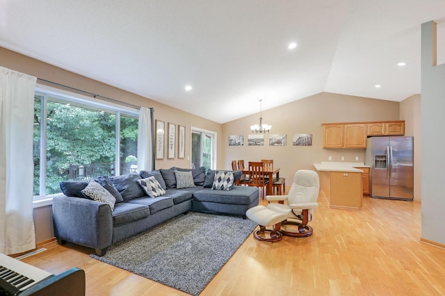 1310 Widgeon Way, Buffalo, MN 55313 - living area with light wood-type flooring, a chandelier, lofted ceiling, and recessed lighting