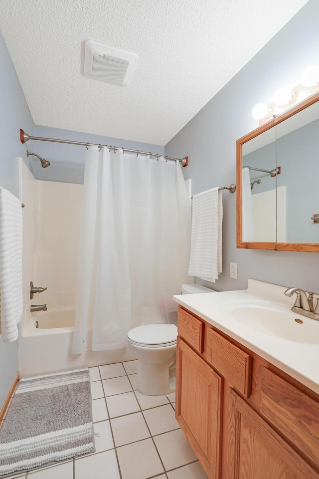1310 Widgeon Way, Buffalo, MN 55313 - bathroom with vanity, shower / bathtub combination with curtain, a textured ceiling, and tile patterned floors
