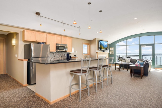 4100 Spring St Unit 310, Spring Park, MN 55384 - kitchen featuring stainless steel appliances, light brown cabinets, light colored carpet, open floor plan, and decorative backsplash
