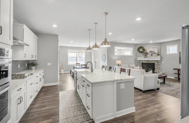 5201 Ramier Ave NE, Otsego, MN 55374 - kitchen featuring stainless steel appliances, a center island with sink, decorative backsplash, a stone fireplace, and white cabinets