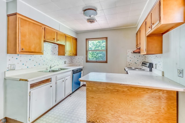1002 10th St N, Fargo, ND 58102 - kitchen with white electric range oven, stainless steel dishwasher, light countertops, light floors, and a peninsula