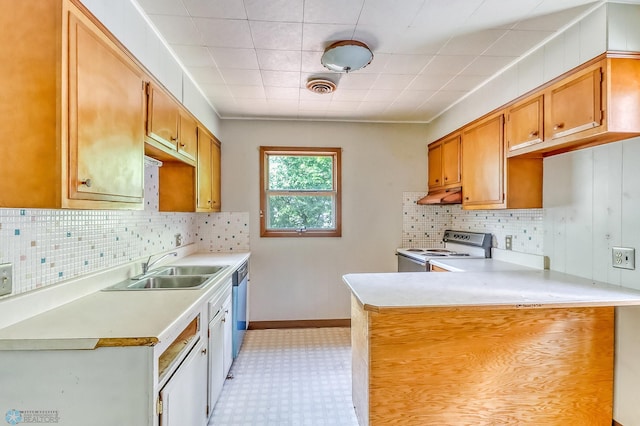 1002 10th St N, Fargo, ND 58102 - kitchen featuring white range with electric cooktop, light countertops, light flooring, backsplash, and a peninsula