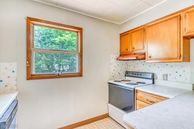 1002 10th St N, Fargo, ND 58102 - kitchen with white range with electric cooktop, under cabinet range hood, light countertops, and decorative backsplash
