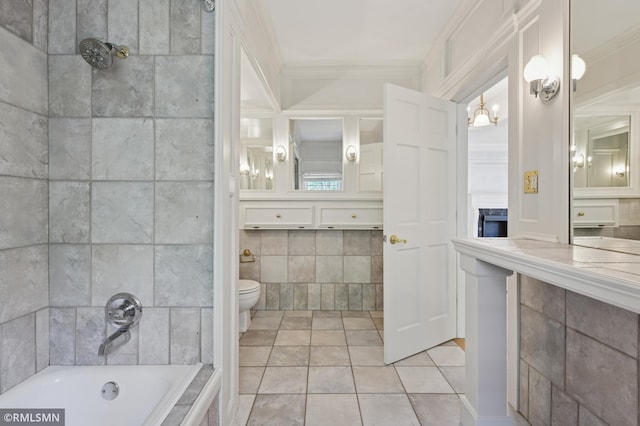 76 Western Ave N, Saint Paul, MN 55102 - bathroom featuring tile patterned floors, tub / shower combination, tile walls, and ornamental molding