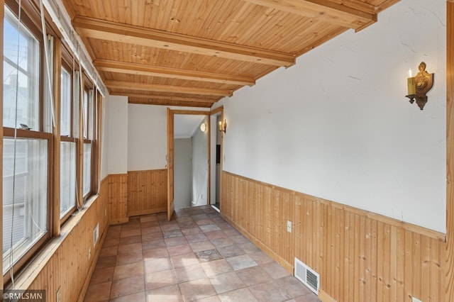 76 Western Ave N, Saint Paul, MN 55102 - unfurnished room with wood walls, a wooden ceiling with exposed beams, a wainscoted wall, and stone finish flooring