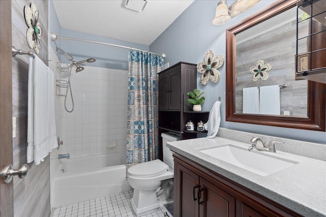 7079 Robinwood Trl, Woodbury, MN 55125 - bathroom with vanity, shower / tub combo, tile patterned floors, and a textured ceiling