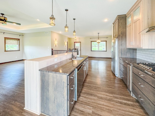 39847 447th St, Sauk Centre Twp, MN 56378 - kitchen with a sink, appliances with stainless steel finishes, wood finished floors, a kitchen island with sink, and wall chimney exhaust hood