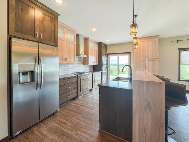 39847 447th St, Sauk Centre Twp, MN 56378 - kitchen with appliances with stainless steel finishes, wall chimney exhaust hood, a sink, dark wood-style flooring, and a kitchen bar