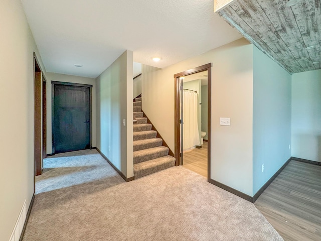 39847 447th St, Sauk Centre Twp, MN 56378 - foyer entrance featuring stairs, baseboards, and carpet floors