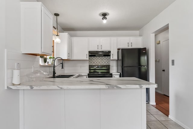 2452 Parkview Ln SE, Rochester, MN 55904 - kitchen featuring black appliances, under cabinet range hood, a sink, light stone counters, and a peninsula