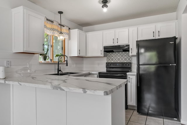 2452 Parkview Ln SE, Rochester, MN 55904 - kitchen featuring black appliances, under cabinet range hood, a sink, a peninsula, and light stone countertops