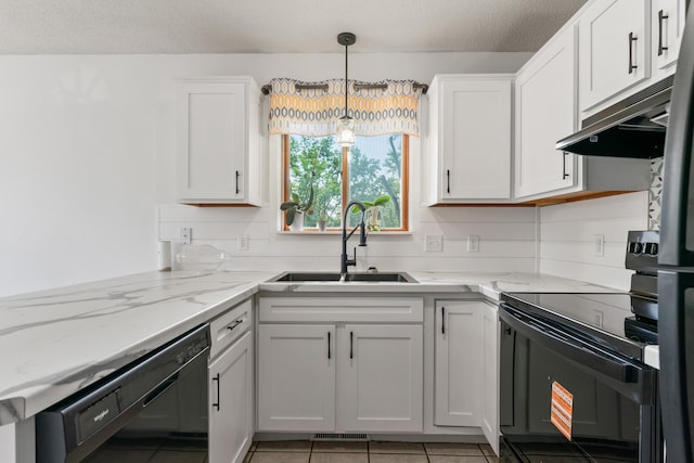 2452 Parkview Ln SE, Rochester, MN 55904 - kitchen with black appliances, a sink, under cabinet range hood, white cabinetry, and light stone counters