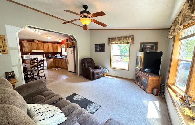 38634 241st St, Aitkin, MN 56431 - living room featuring light colored carpet, healthy amount of natural light, a ceiling fan, crown molding, and arched walkways