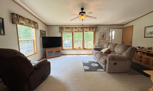 38634 241st St, Aitkin, MN 56431 - carpeted living room with crown molding, vaulted ceiling, a ceiling fan, a textured ceiling, and healthy amount of natural light