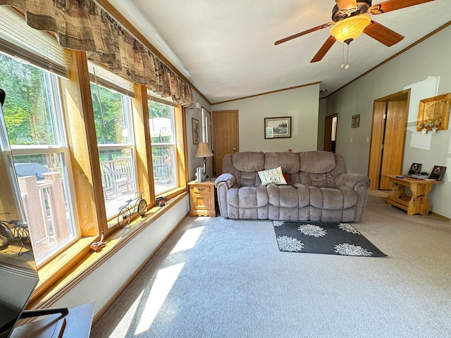 38634 241st St, Aitkin, MN 56431 - living area featuring carpet, ornamental molding, a ceiling fan, and baseboards