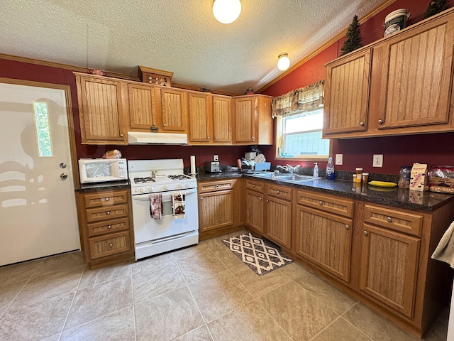 38634 241st St, Aitkin, MN 56431 - kitchen featuring white appliances, under cabinet range hood, a sink, a textured ceiling, and brown cabinetry