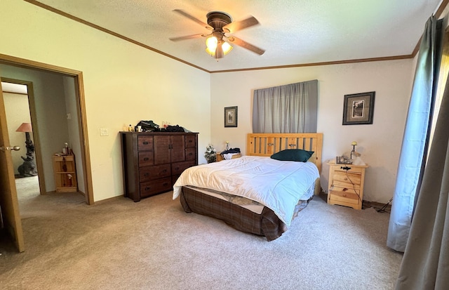 38634 241st St, Aitkin, MN 56431 - bedroom featuring ornamental molding, light colored carpet, a ceiling fan, and a textured ceiling