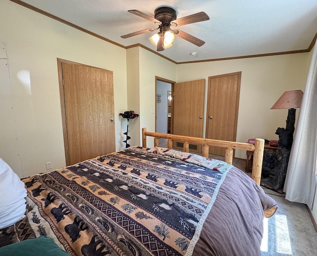 38634 241st St, Aitkin, MN 56431 - bedroom featuring light colored carpet, a ceiling fan, and crown molding