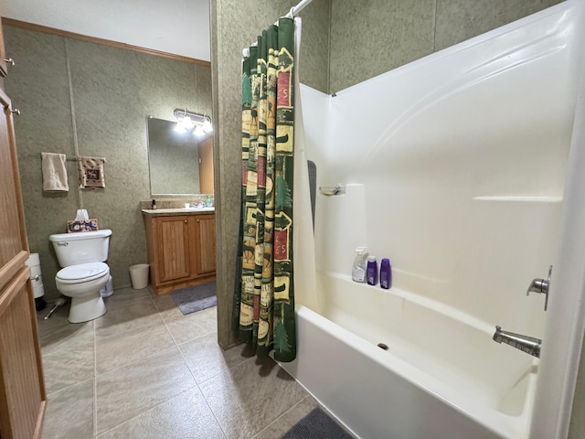 38634 241st St, Aitkin, MN 56431 - full bathroom featuring toilet, shower / bathtub combination with curtain, vanity, and tile patterned floors