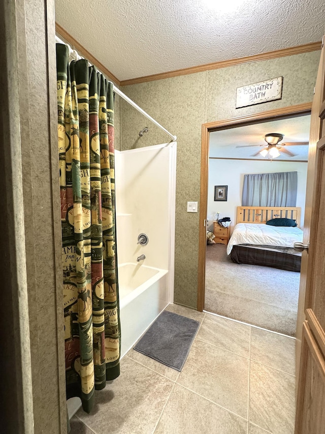 38634 241st St, Aitkin, MN 56431 - full bath with a textured ceiling, crown molding, shower / tub combo with curtain, tile patterned flooring, and connected bathroom