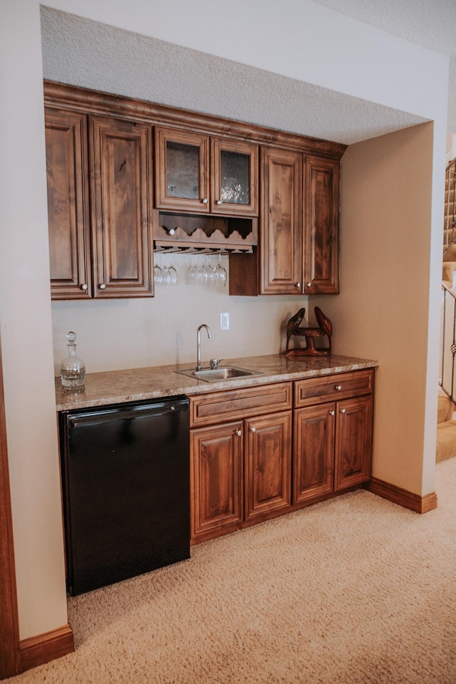 1509 Haller Ct S, Maplewood, MN 55119 - indoor wet bar featuring dishwasher, light carpet, and a textured ceiling