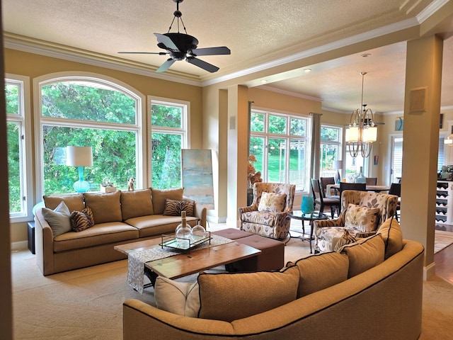 1509 Haller Ct S, Maplewood, MN 55119 - living area featuring ornamental molding, a chandelier, light colored carpet, ceiling fan, and a textured ceiling