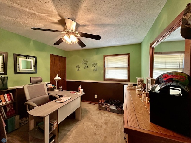 1922 13th Ave N, Moorhead, MN 56560 - home office featuring a ceiling fan, wainscoting, light colored carpet, and a textured ceiling