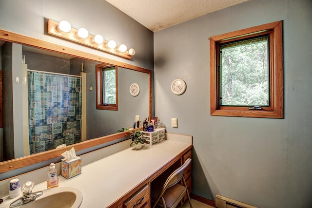 305 Birch Briar Ln, Park Rapids, MN 56470 - bathroom with plenty of natural light, vanity, a textured ceiling, a baseboard radiator, and a shower with shower curtain