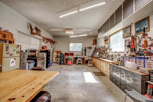 305 Birch Briar Ln, Park Rapids, MN 56470 - garage featuring a workshop area and freestanding refrigerator
