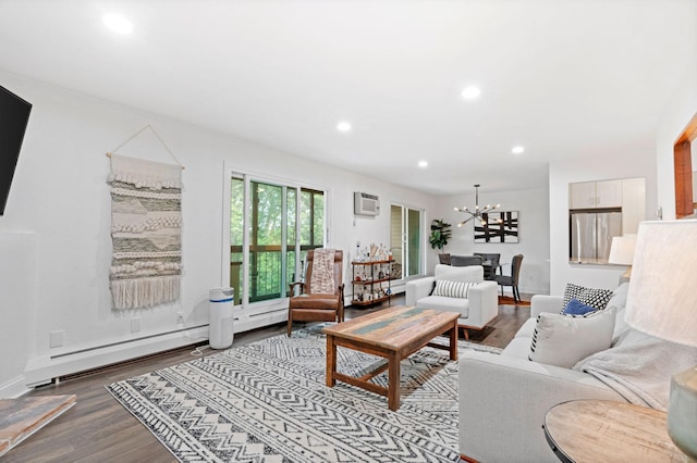 3850 Plymouth Blvd Unit 212, Plymouth, MN 55446 - living area with wood finished floors, a chandelier, recessed lighting, a baseboard radiator, and a wall mounted air conditioner