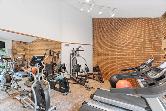 3850 Plymouth Blvd Unit 212, Plymouth, MN 55446 - workout area with brick wall, a towering ceiling, and rail lighting