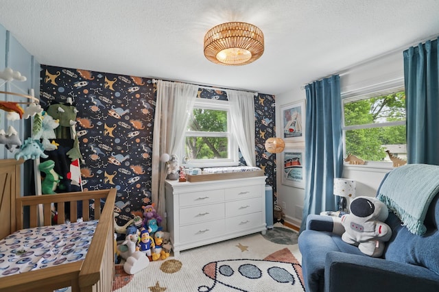 3940 Virginia Ave N, New Hope, MN 55427 - bedroom featuring multiple windows, light carpet, and a textured ceiling
