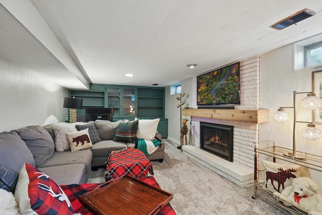 3940 Virginia Ave N, New Hope, MN 55427 - living room featuring a brick fireplace, carpet floors, and wooden walls