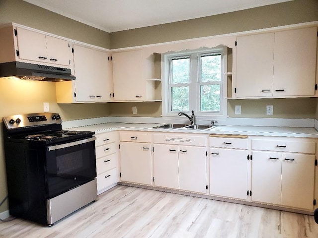 2512 7th Ave E, Hibbing, MN 55746 - kitchen featuring electric stove, under cabinet range hood, open shelves, light countertops, and light wood finished floors