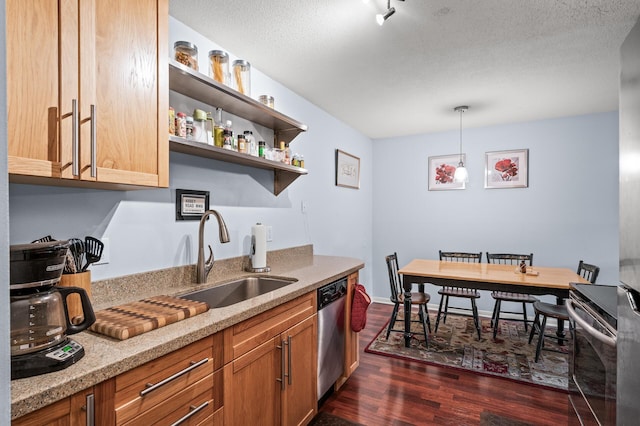 1901 Emerson Ave S Unit 303, Minneapolis, MN 55403 - kitchen featuring stove, stainless steel dishwasher, open shelves, dark wood finished floors, and light stone counters